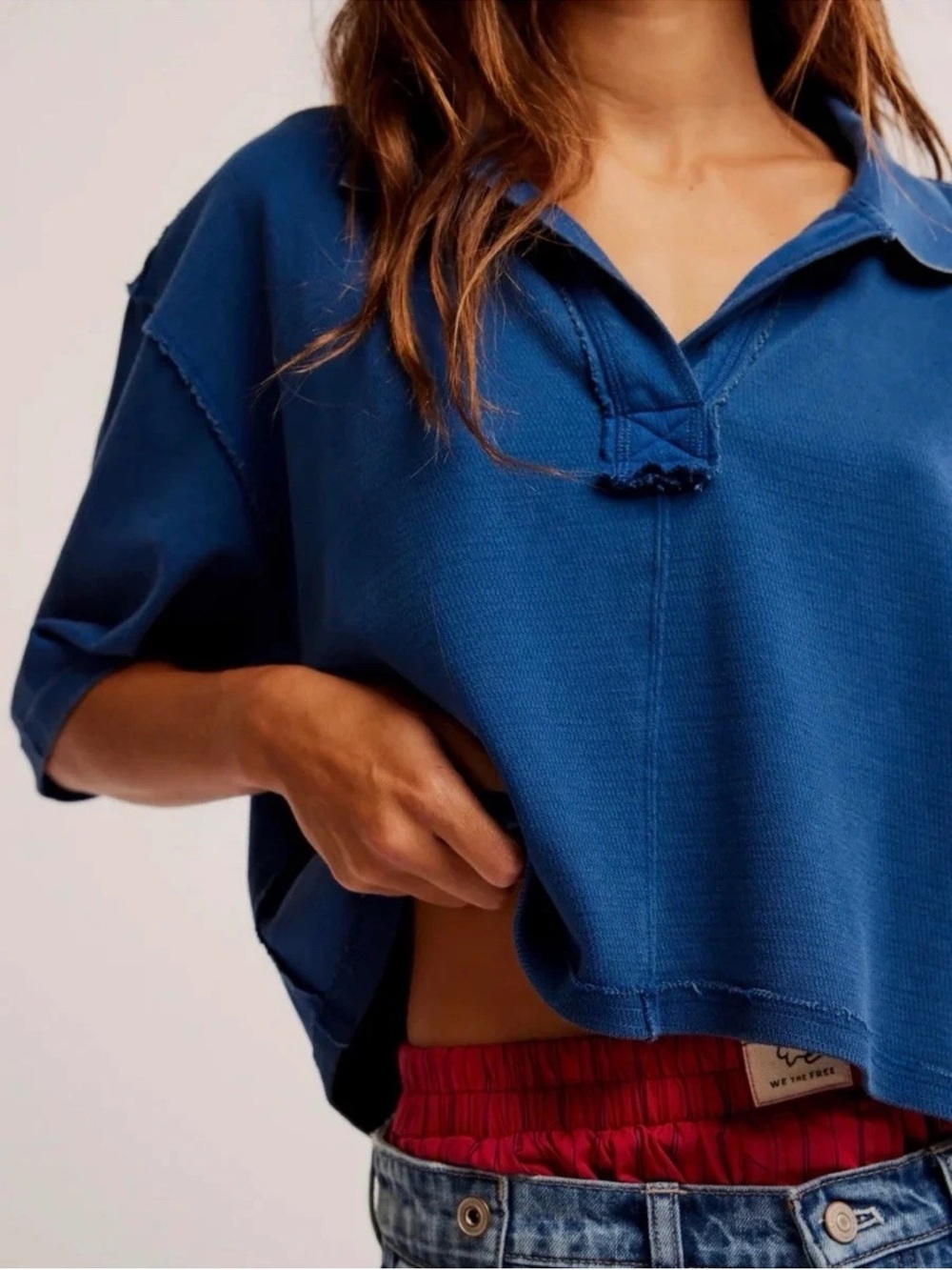 Free People Deep Blue Cropped Boxy Polo